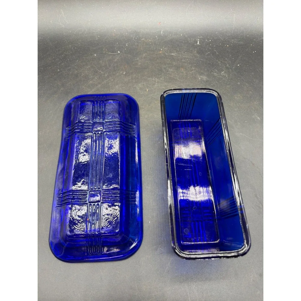Hazel Atlas Cobalt Blue Glass Butter Dish Moderntone Art Deco Vintage 2 Piece